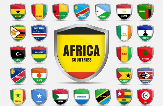Set of metal sheets with the flags of the countries of the African continent. Templates with the name of the country. Vector illustration